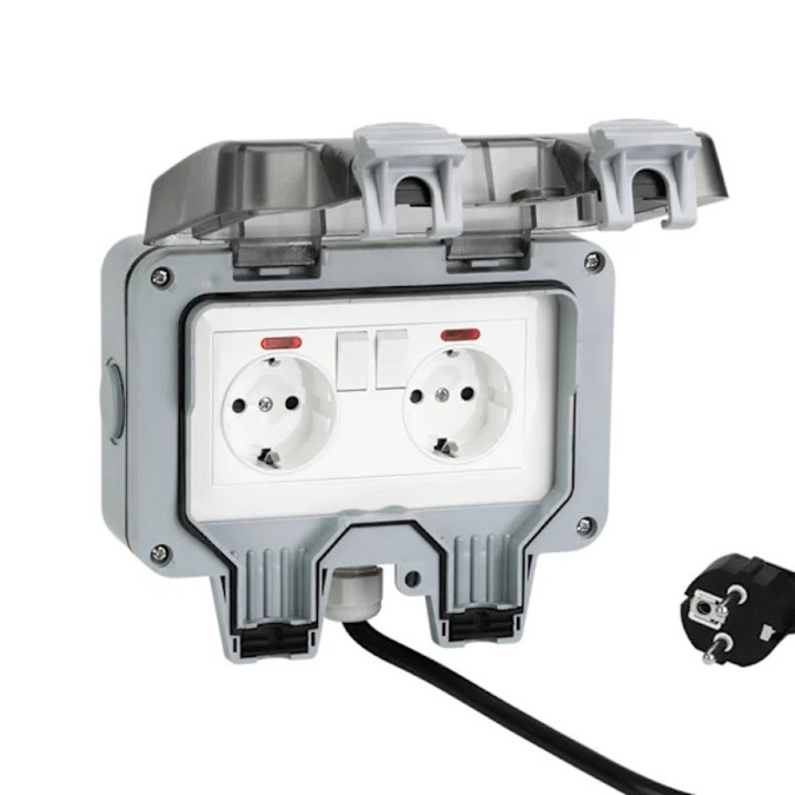 Priza de perete dubla impermeabila, gri, 16.8x11x9.5cm