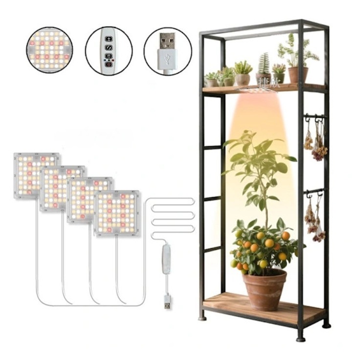 Lampa LED de crestere cu 4 capete, temporizator, spectru complet, alb, 15x15x3cm, set de 4 bucati