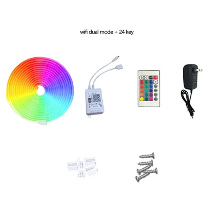 Banda LED Neon RGB 10m, control WiFi dual, telecomanda cu 24 butoane, impermeabil IP67, alb