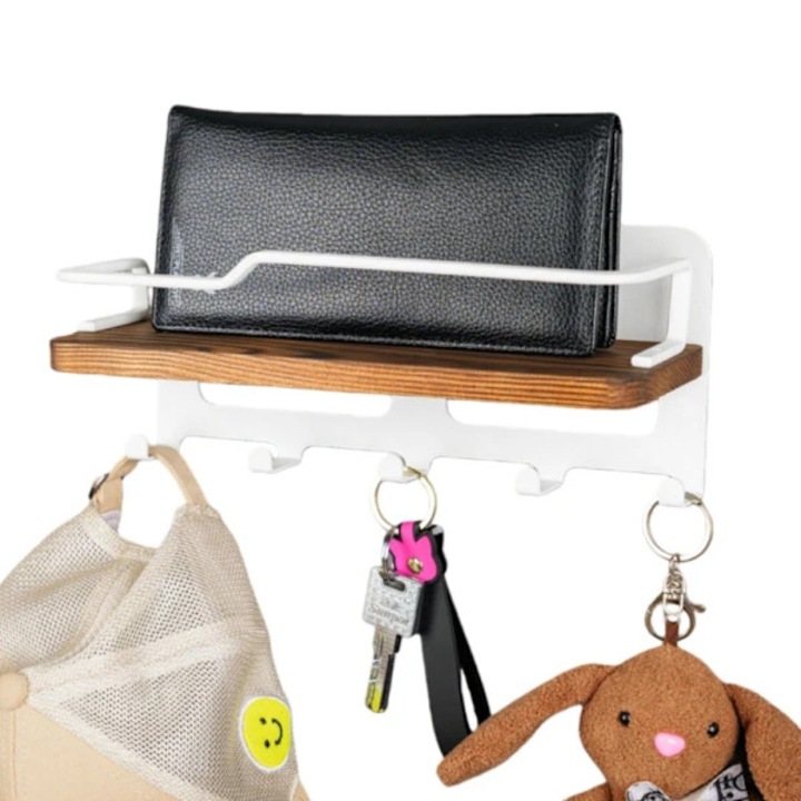 Cuiere din pin cu 5 carlige, design montat pe perete, dimensiuni 24.5x10x11cm