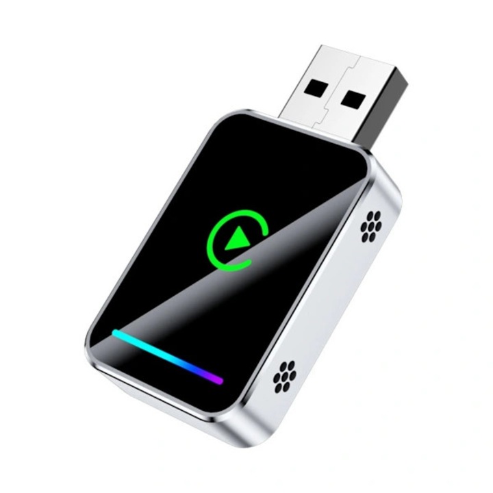 Adaptor wireless 2-in-1 Carplay si Android Auto, metal + sticla, dimensiuni 5x2.6x0.9cm, multicolor