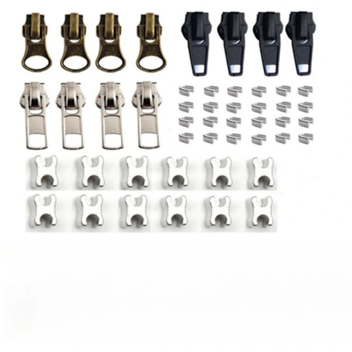 48 darabos fém cipzárjavító készlet, fekete és ezüst, különböző méretek