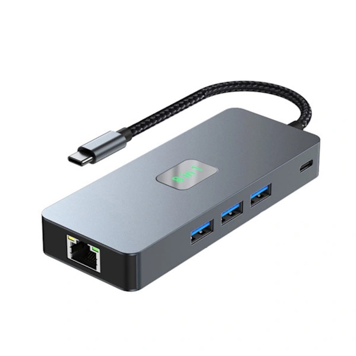 8 az 1-ben dokkolóállomás, kettős 4K60Hz, Gigabit Ethernet, szürke, 12x4.5x1.5cm