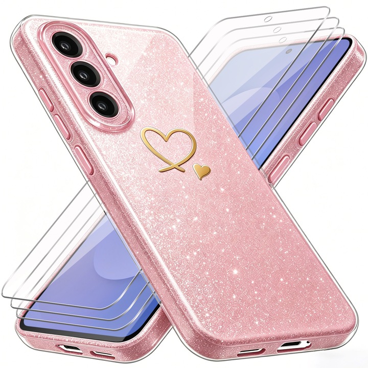 Husa telefon compatibila cu Samsung Galaxy S25 FE 5G, set cu 3 protectii din sticla securizata, TPU moale, roz
