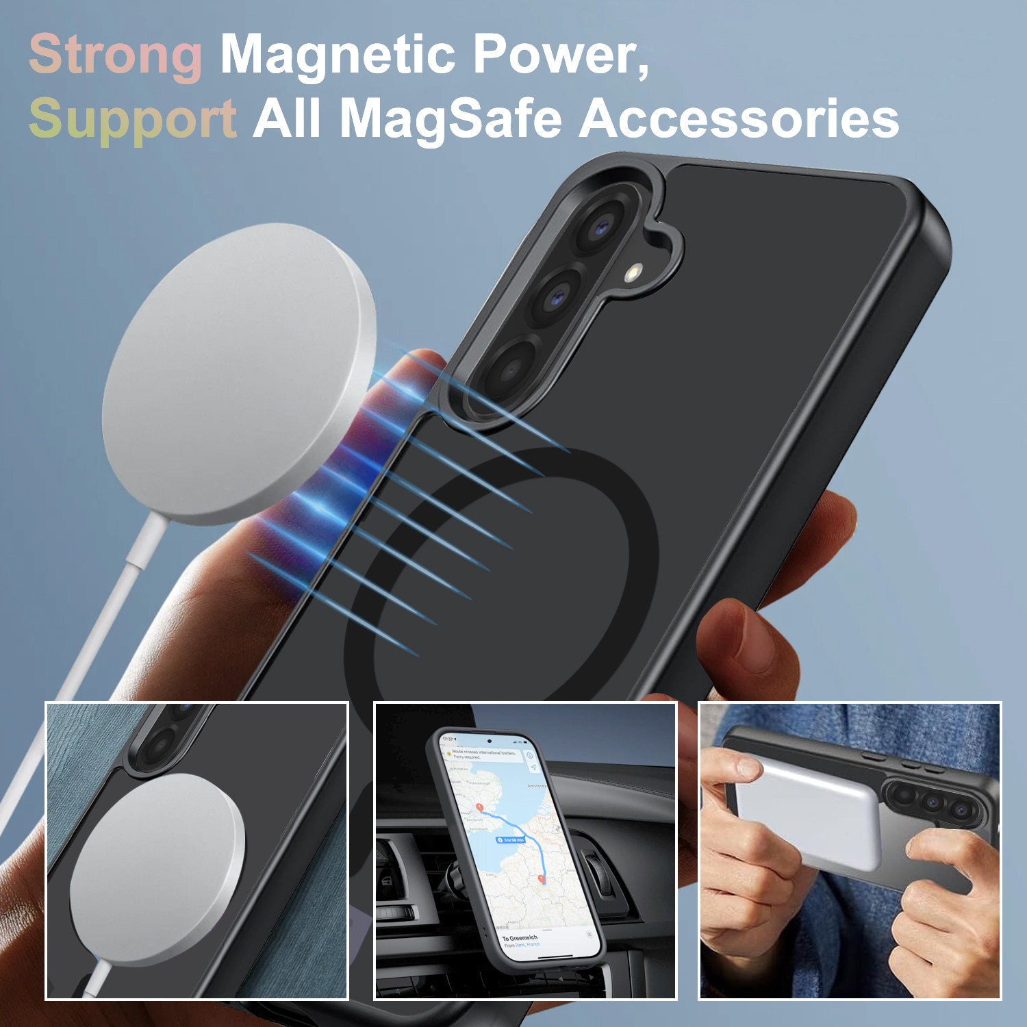 Husa telefon pentru Samsung Galaxy A56 5G, set cu 2 protectii din sticla securizata, TPU, MagSafe, neagra