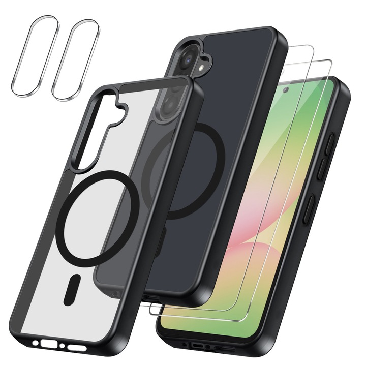 Husa telefon pentru Samsung Galaxy A56 5G, set cu 2 protectii din sticla securizata, TPU, MagSafe, neagra