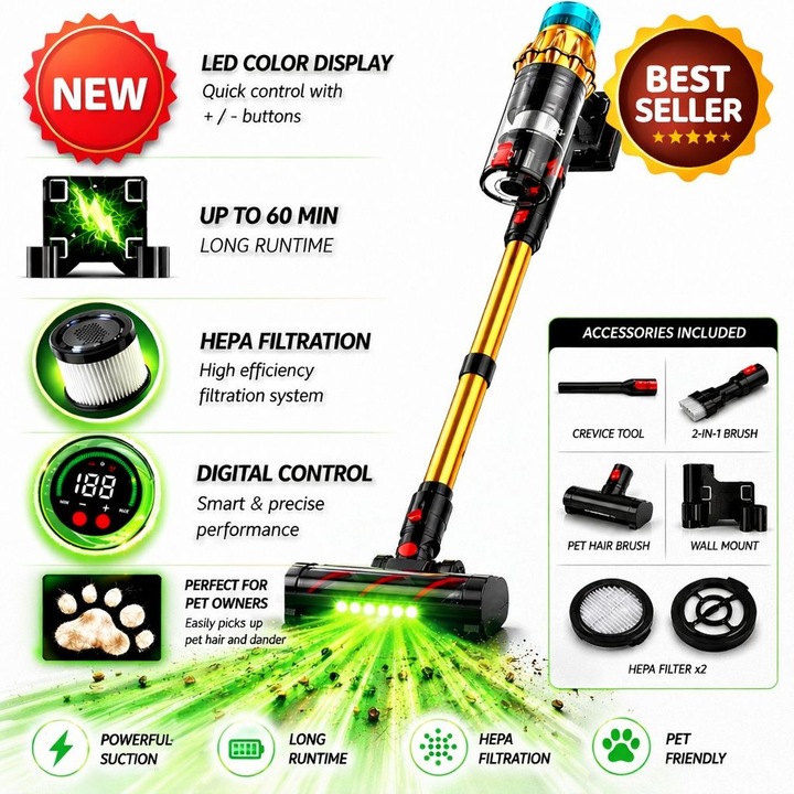 Aspirator Vertical Fara Fir FUSIONTECHX V10MAX, 650W, Autonomie pana la 60 min, Ecran LED Color, Control Digital 3 Trepte Putere, Filtru HEPA, Recipient 1.2L, Montare pe Perete, Ideal pentru Par de Animale, Covoare si Podele