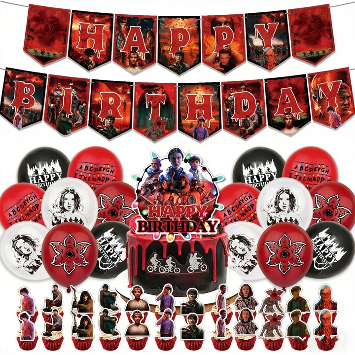 Set de petrecere tematic Stranger Things, decoruri, bannere, suporturi pentru tort, fundaluri, set de baloane, A3