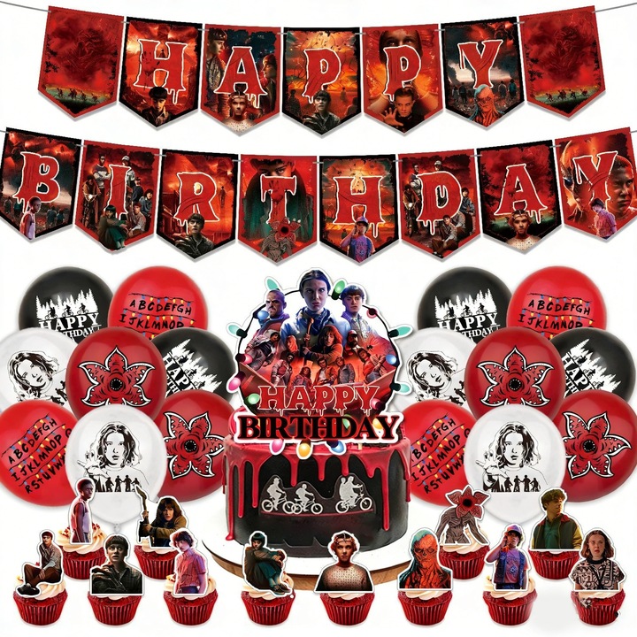 Set de petrecere tematic Stranger Things, decoruri, bannere, suporturi pentru tort, fundaluri, baloane, multicolor