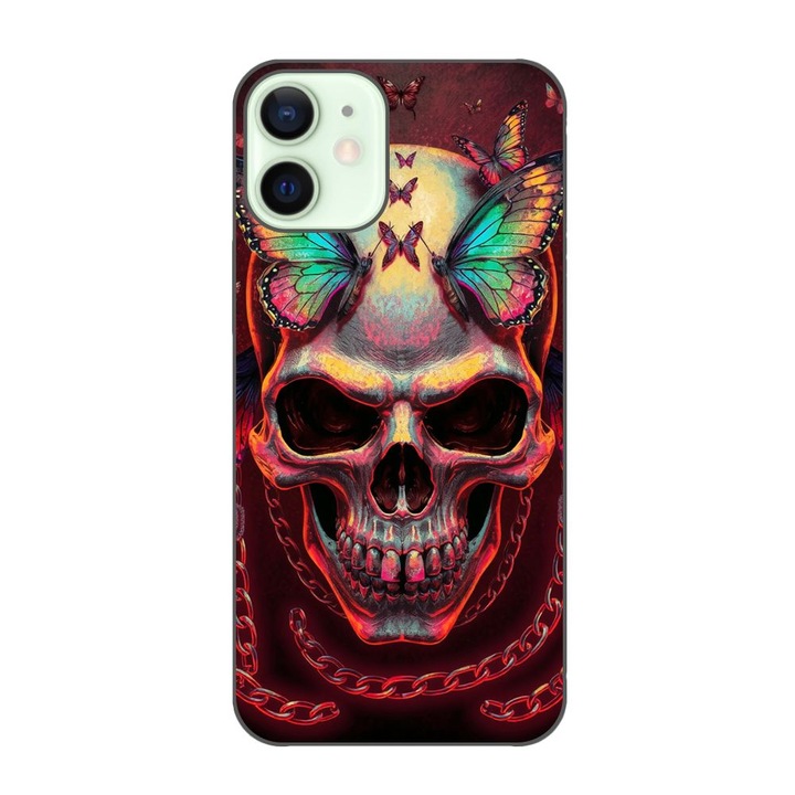 Husa compatibila cu Apple iPhone 12 Mini Silicon Gel Tpu Model Holographic Skull with butterflies