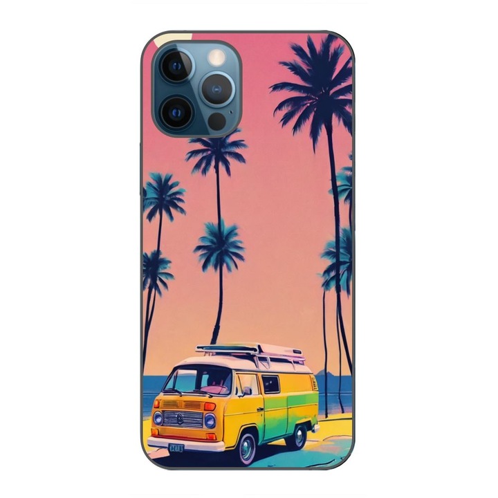 Husa compatibila cu Apple iPhone 12 Pro Max Silicon Gel Tpu Model Summer Vibes Camper and Palms Pop Art