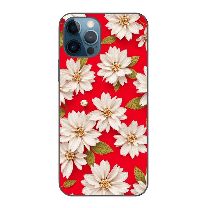 Husa compatibila cu Apple iPhone 12 Pro Max Silicon Gel Tpu Model White Flowers on Red Background