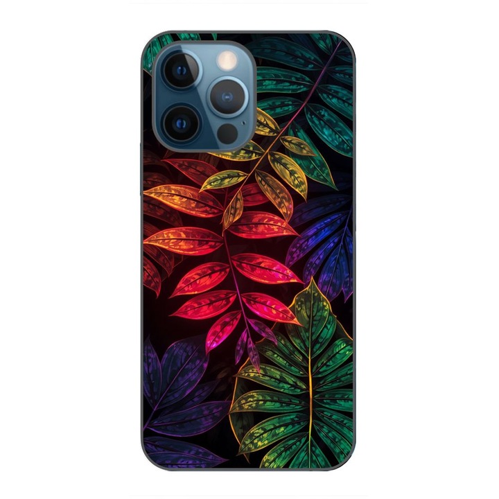 Husa compatibila cu Apple iPhone 12 Pro Silicon Gel Tpu Model Minmal Neon Leaves Pattern
