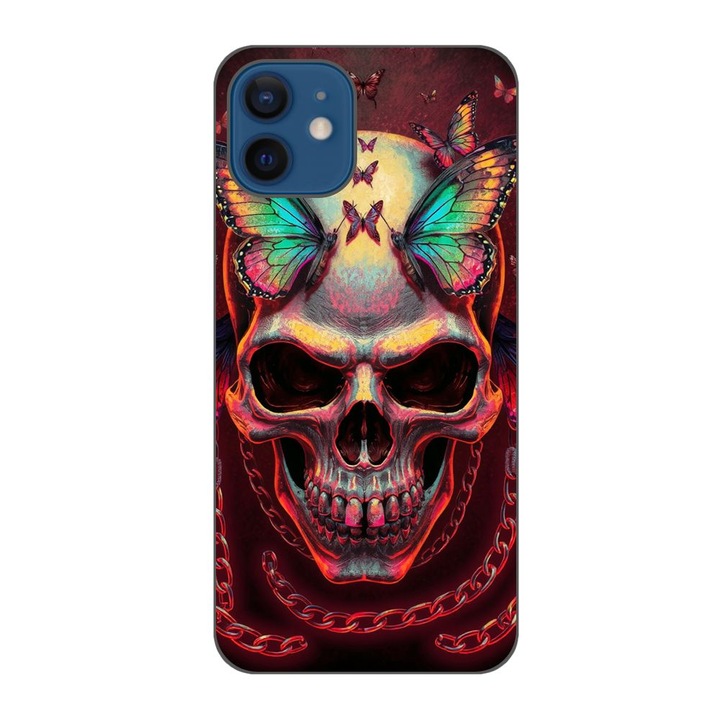 Husa compatibila cu Apple iPhone 12 Silicon Gel Tpu Model Holographic Skull with butterflies