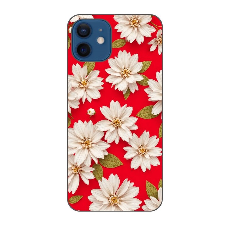 Husa compatibila cu Apple iPhone 12 Silicon Gel Tpu Model White Flowers on Red Background