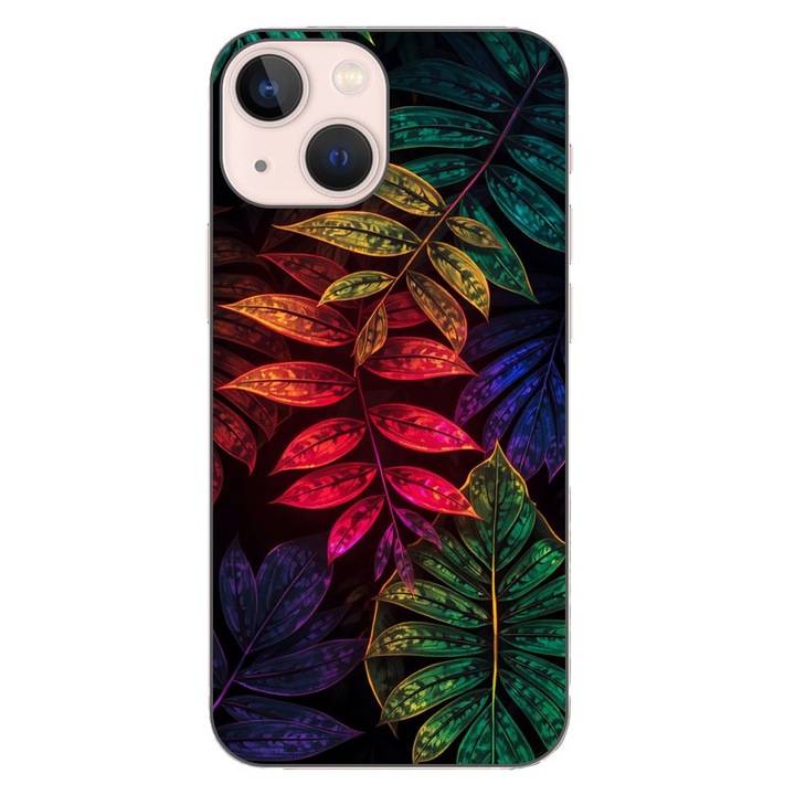 Husa compatibila cu Apple iPhone 13 Mini Silicon Gel Tpu Model Minmal Neon Leaves Pattern