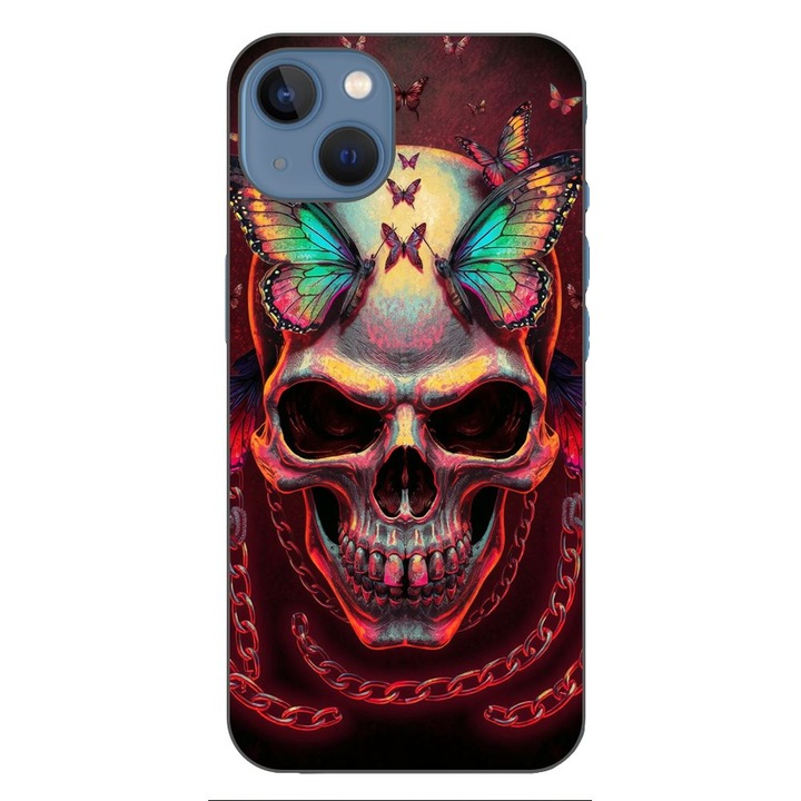 Husa compatibila cu Apple iPhone 13 Silicon Gel Tpu Model Holographic Skull with butterflies