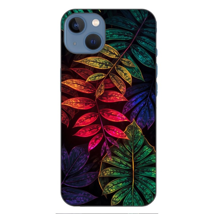 Husa compatibila cu Apple iPhone 13 Silicon Gel Tpu Model Minmal Neon Leaves Pattern
