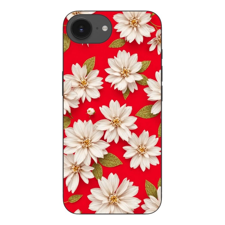Husa compatibila cu Apple iPhone 16e Silicon Gel Tpu Model White Flowers on Red Background