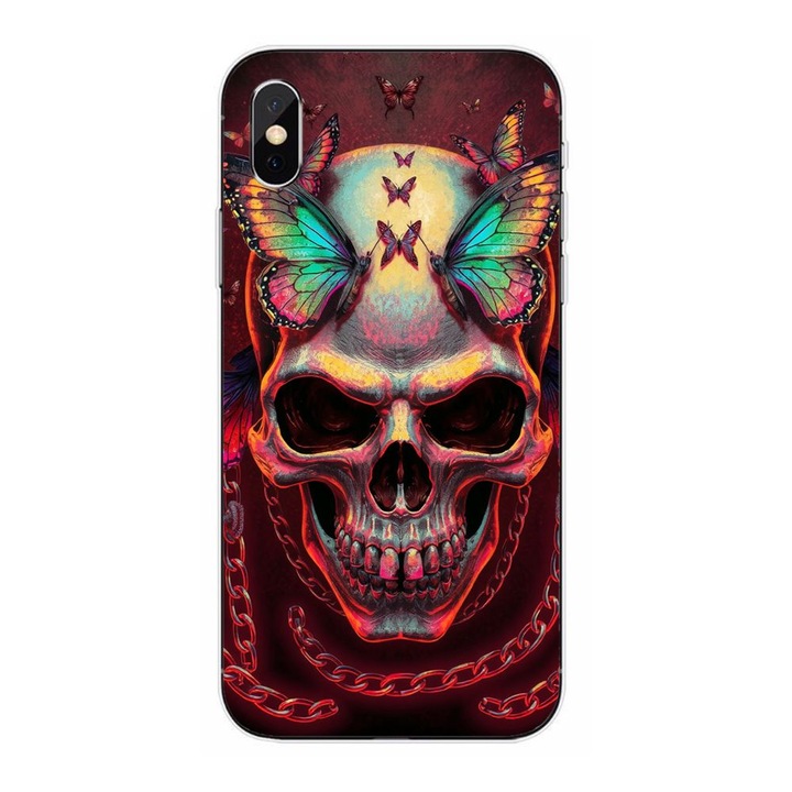 Husa compatibila cu Apple iPhone XS Silicon Gel Tpu Model Holographic Skull with butterflies