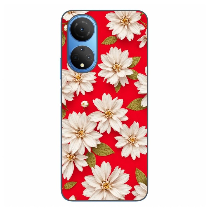 Husa compatibila cu Honor X7 Silicon Gel Tpu Model White Flowers on Red Background