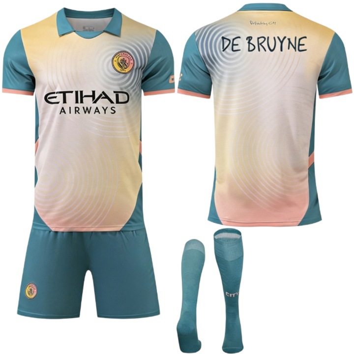 Tricou de deplasare Manchester City 2024-2025, culori clasice, material respirabil, set pentru copii