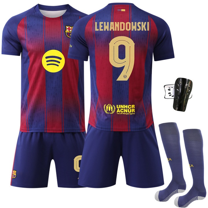 Set Echipament Fotbal Barcelona Acasa Liga Campionilor, Messi Nr. 10 & Yamal Nr. 19, multicolor, material textil, 100-110 CM