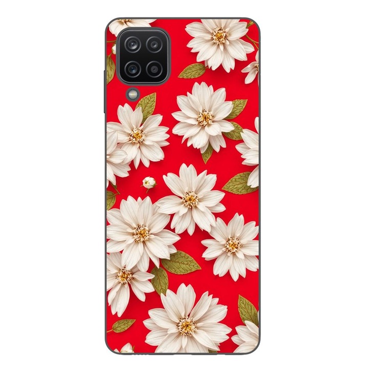 Husa compatibila cu Samsung Galaxy A12 Silicon Gel Tpu Model White Flowers on Red Background