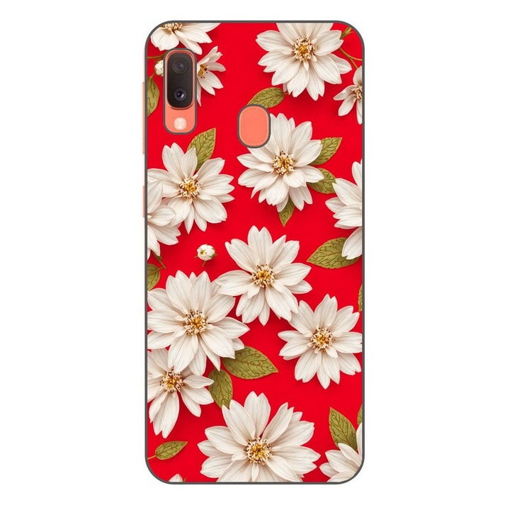 Husa compatibila cu Samsung Galaxy A20e Silicon Gel Tpu Model White Flowers on Red Background
