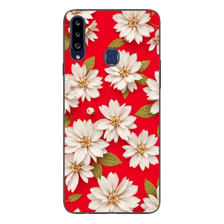 Husa compatibila cu Samsung Galaxy A20S Silicon Gel Tpu Model White Flowers on Red Background