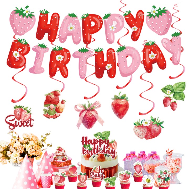 Set decoratiuni petrecere tema capsuni, bannere, spirale, topperi tort, rosu si roz