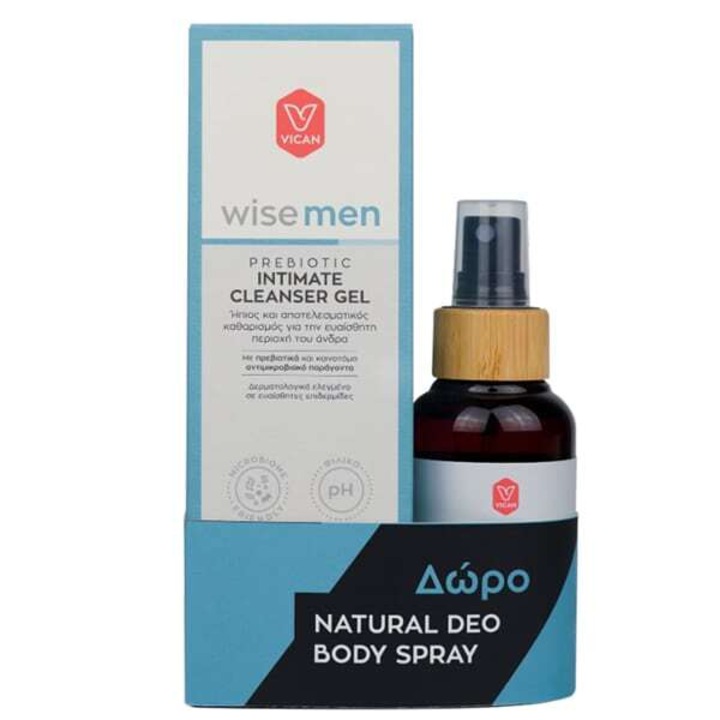 WISE Men Promo Gel de curatare intima prebiotica 250ml si cadou Spray deodorant natural pentru corp 100ml
