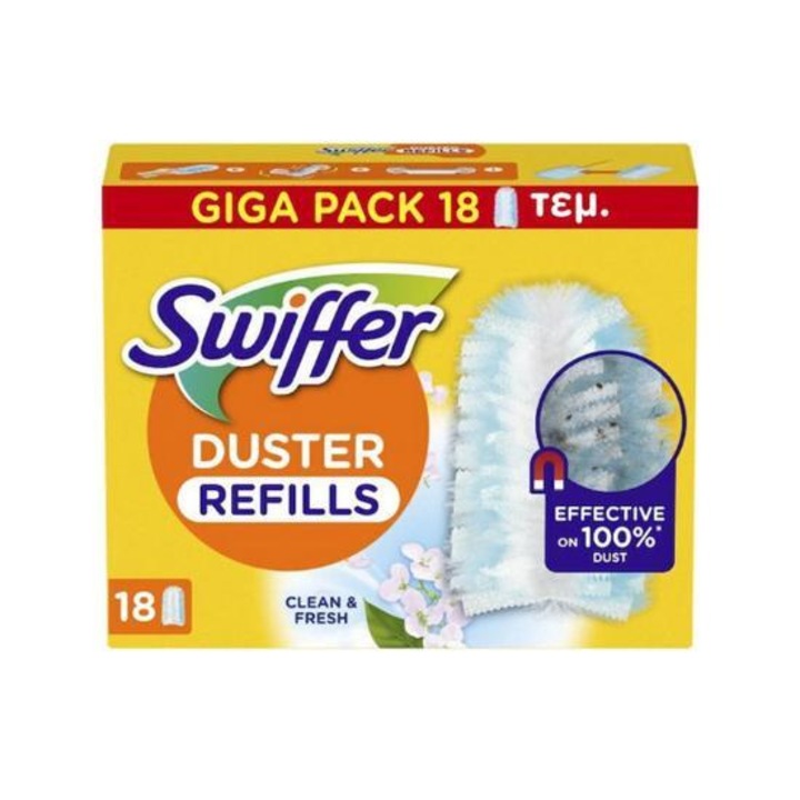 Rezerve duster Swiffer Clean & Fresh, cu fibre pufoase care capteaza praful si parul, ideale pentru par de animale si alergeni, alb/albastru, 18 bucati