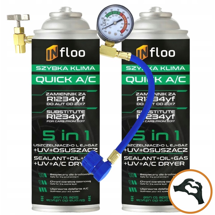 Set agent frigorific 2x, Infloo, R1234yf, 5in1, furtun cu manometru, gaz, ulei, UV, auto dupa 2017, kit complet service, aer conditionat optim, economisire