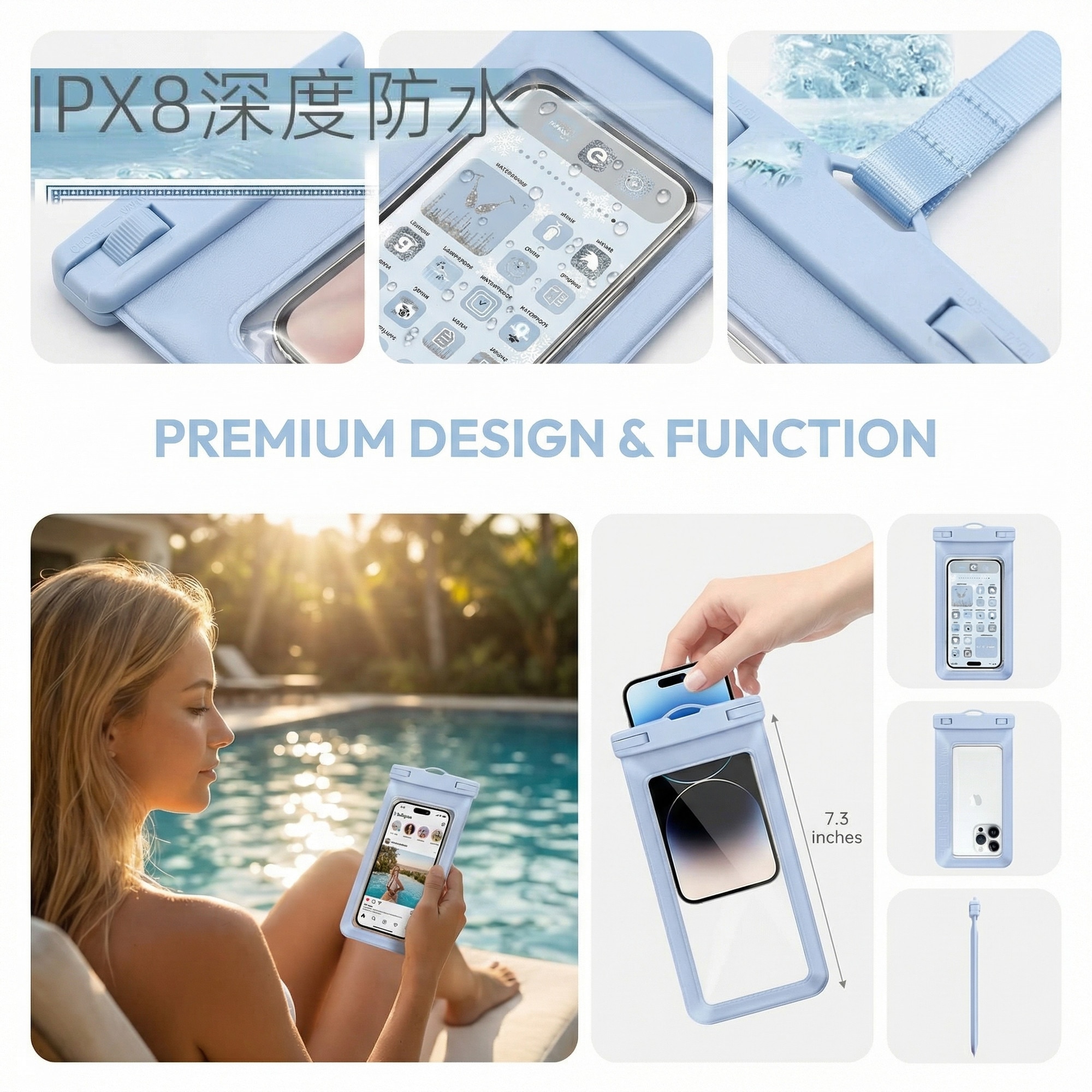 Husa impermeabila pentru telefon, compatibila cu toate telefoanele de pana la 7.5 inch, protectie completa pentru inot, scufundari, parcuri acvatice, sporturi in aer liber, husa de telefon impermeabila IPX8, albastru deschis