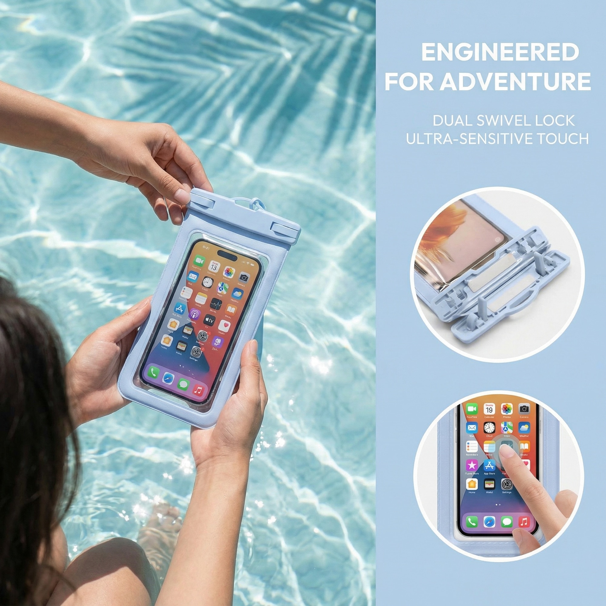 Husa impermeabila pentru telefon, compatibila cu toate telefoanele de pana la 7.5 inch, protectie completa pentru inot, scufundari, parcuri acvatice, sporturi in aer liber, husa de telefon impermeabila IPX8, albastru deschis
