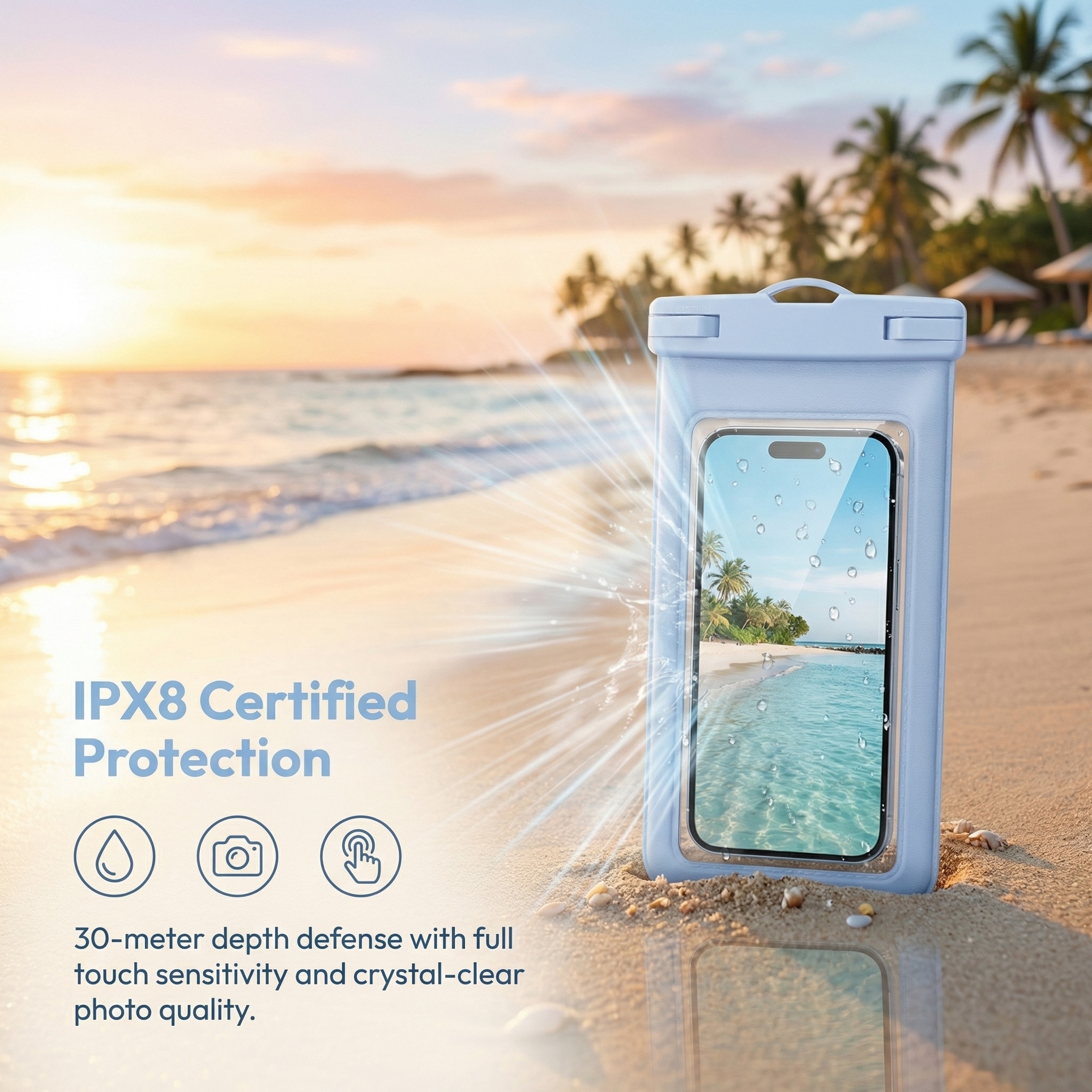 Husa impermeabila pentru telefon, compatibila cu toate telefoanele de pana la 7.5 inch, protectie completa pentru inot, scufundari, parcuri acvatice, sporturi in aer liber, husa de telefon impermeabila IPX8, albastru deschis