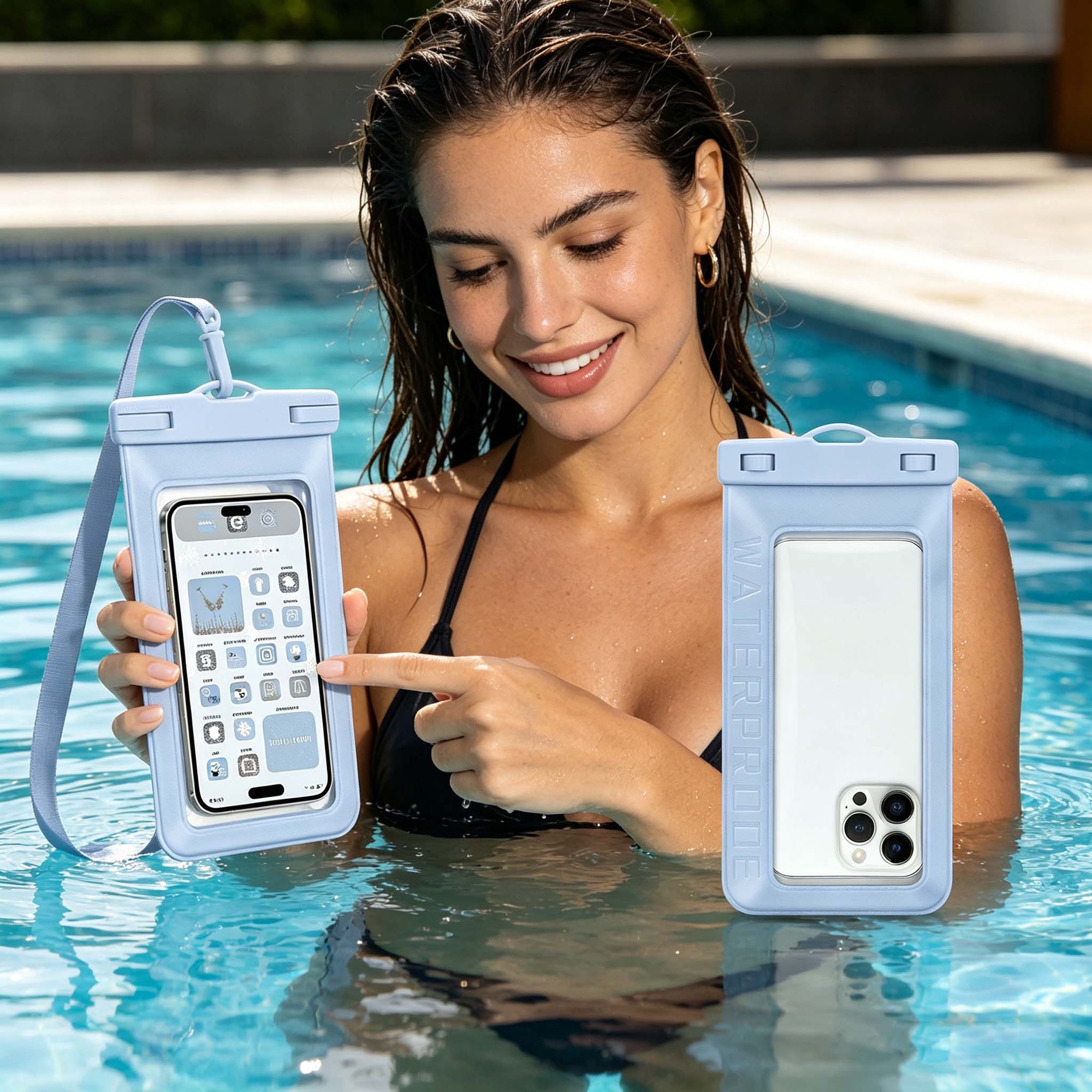 Husa impermeabila pentru telefon, compatibila cu toate telefoanele de pana la 7.5 inch, protectie completa pentru inot, scufundari, parcuri acvatice, sporturi in aer liber, husa de telefon impermeabila IPX8, albastru deschis