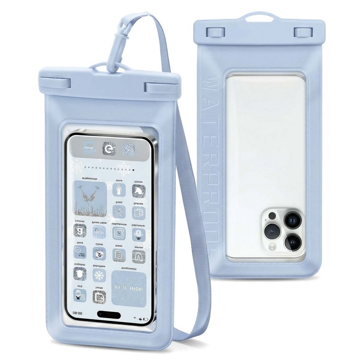 Husa impermeabila pentru telefon, compatibila cu toate telefoanele de pana la 7.5 inch, protectie completa pentru inot, scufundari, parcuri acvatice, sporturi in aer liber, husa de telefon impermeabila IPX8, albastru deschis