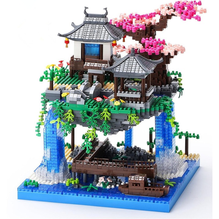 Kit de constructie cu bonsai in forma de iaz cu flori de piersica, 2706 buc, mini blocuri de constructie cu arhitectura Sakura chinezeasca, alegeri rafinate pentru copii sau adulti de peste 14 ani