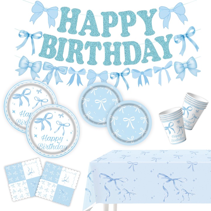 Комплект аксесоари за парти на тема синя панделка, включва банери, хартиени чинии, хартиени чаши, салфетки, покривки за маса