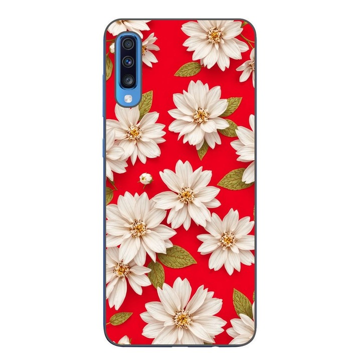 Husa compatibila cu Samsung Galaxy A70 Silicon Gel Tpu Model White Flowers on Red Background