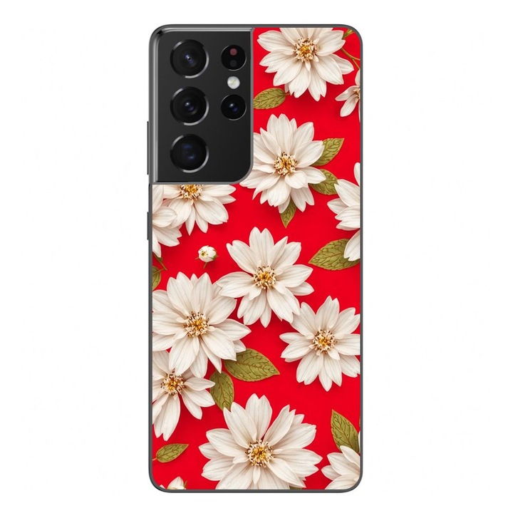 Husa compatibila cu Samsung Galaxy S21 Ultra Silicon Gel Tpu Model White Flowers on Red Background