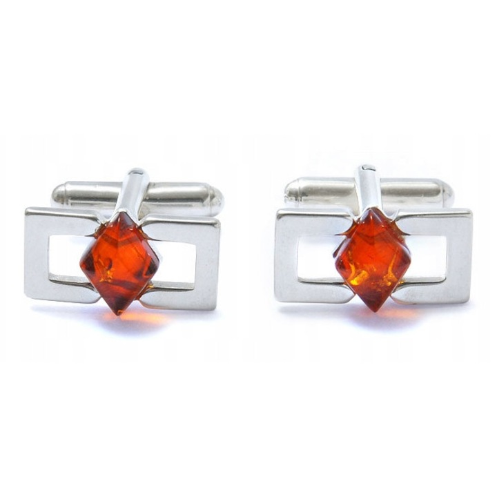 Butoni camasa, ambertic, argint 925, chihlimbar coniac, 2x1cm, set cu cutie de cadou
