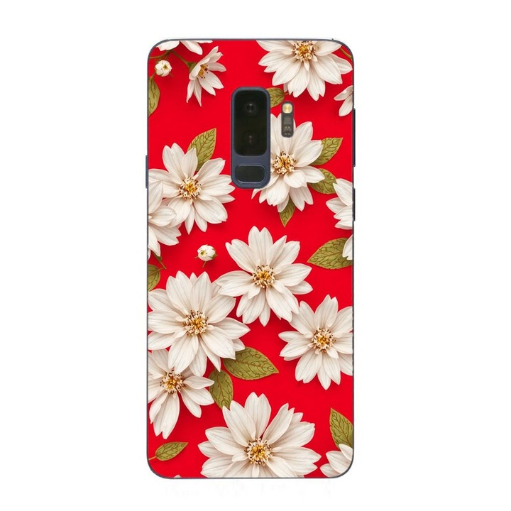 Husa compatibila cu Samsung Galaxy S9 Plus Silicon Gel Tpu Model White Flowers on Red Background