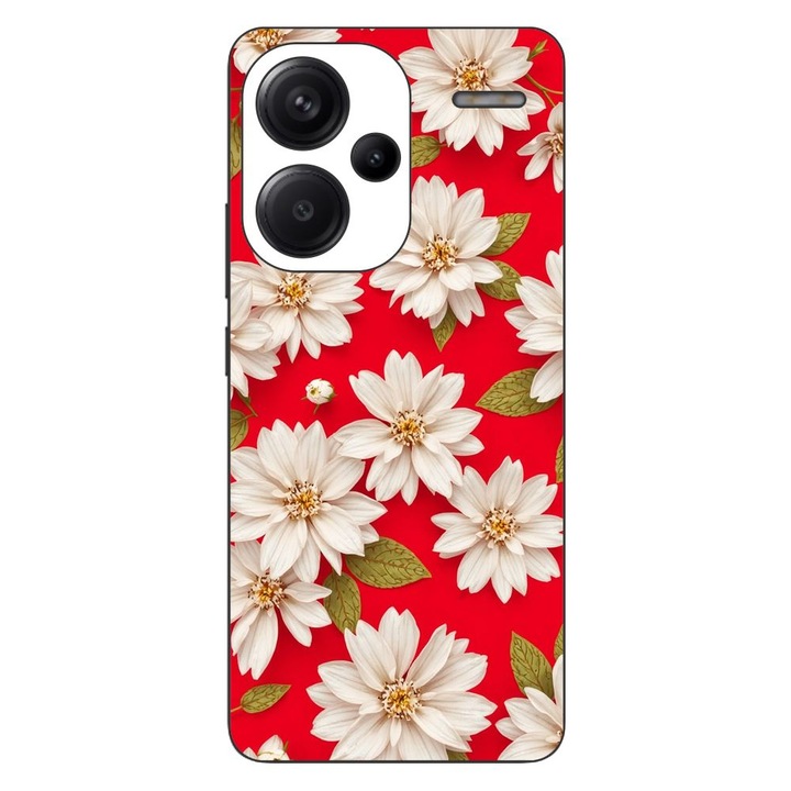 Husa compatibila cu Xiaomi Redmi Note 13 Pro Plus Silicon Gel Tpu Model White Flowers on Red Background