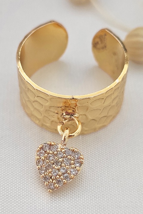 Atelier Miu, Inel reglabil decorat cu pandantiv inima cu zirconia si model texturat, Auriu