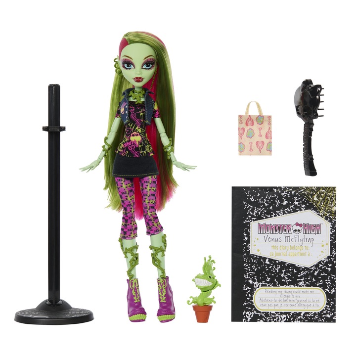 Papusa Monster High Venus McFlyTrap, 26 cm, reproducere + accesorii si animalul de companie Chewlian Creeproduction