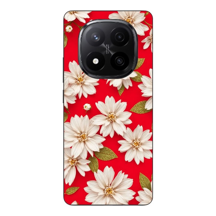 Husa compatibila cu Xiaomi Redmi Note 14 Pro Plus Silicon Gel Tpu Model White Flowers on Red Background