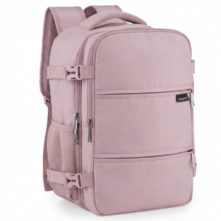 Rucsac voiaj, Zagatto ZG1123, Bagaj de mana 40x30x20 cm, Rucsac calatorie avion, Compatibil Wizz Air, Ryanair, Deschidere la 90 grade, Curele de compresie, Atasabil la valiza, Impermeabil, Capacitate 24L, Roz